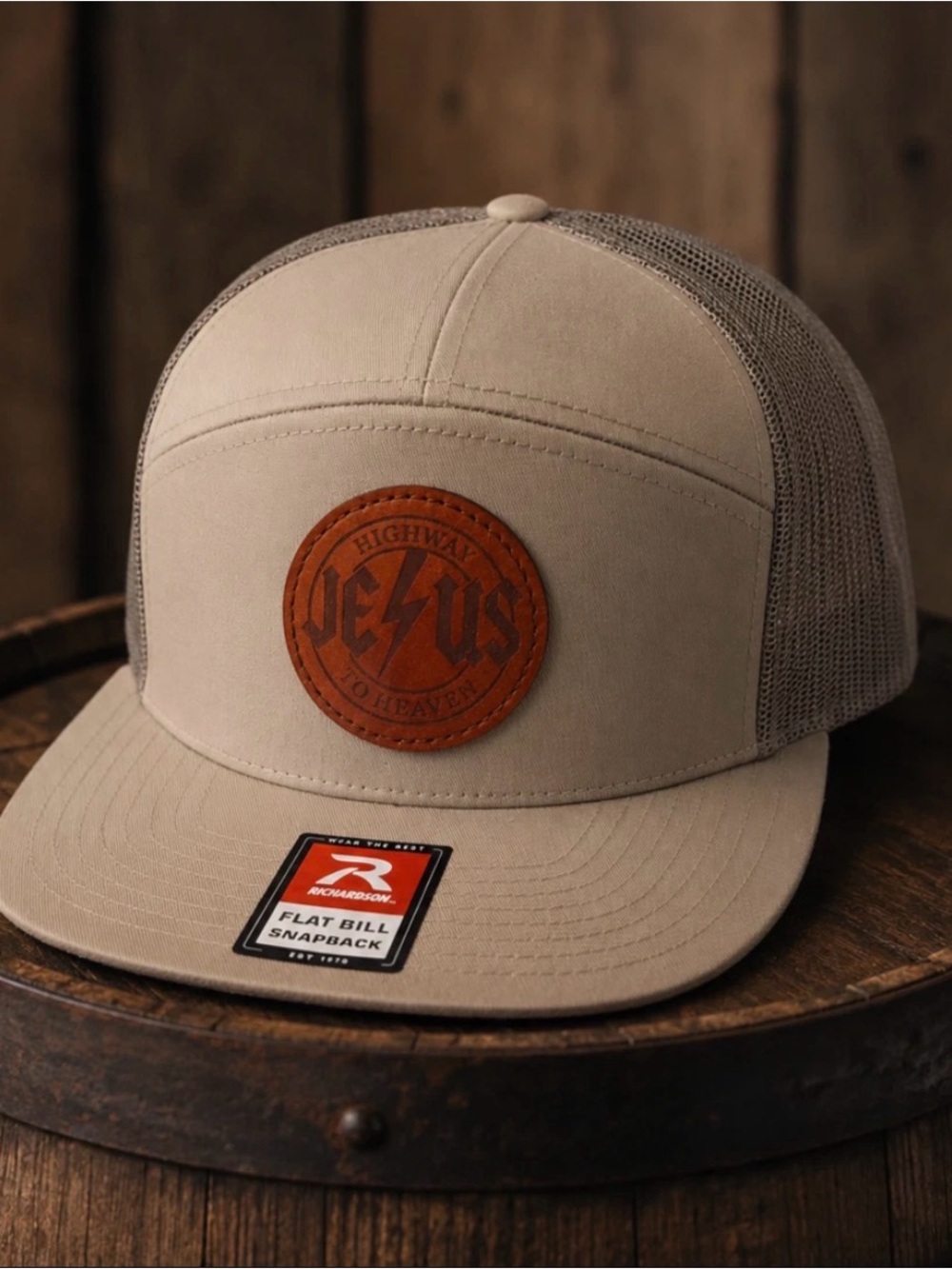 Jesus Leather Patch Richardson 168 7 Panel Flat Bill Mesh Snapback Cap Hat